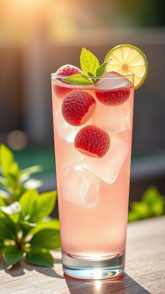 Lychee vodka tonic cocktail in a glass with ice, garnished with lychee fruit and mint, set in a sunny outdoor scene.